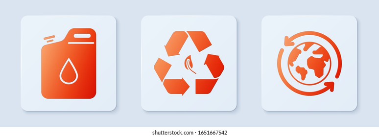 Coloque el símbolo y la hoja de reciclaje, el cartucho para la gasolina y la tierra del planeta y un reciclaje. Botón cuadrado blanco. Vector