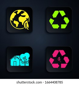 Set Recycle symbol and leaf, Earth globe and leaf, Eco friendly house and Recycle symbol. Black square button. Vector