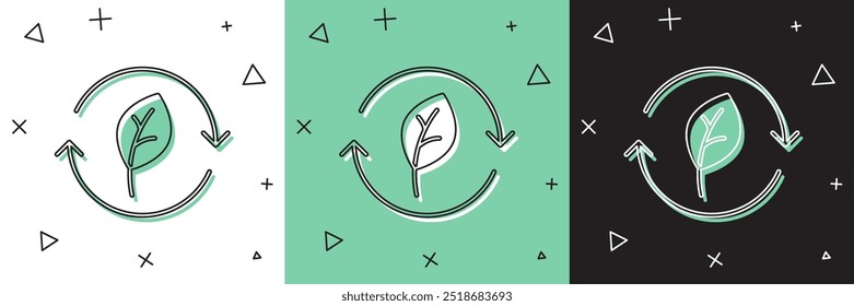 Set Recycle symbol with leaf icon isolated on white and green, black background. Circular arrow icon. Environment recyclable go green.  Vector