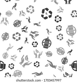 Set Recycle symbol and leaf, Sprout in hand of environmental protection, No plastic bottle and Sprout in hand of environmental protection on seamless pattern. Vector