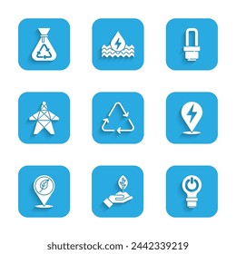 Set Recycle symbol, Plant in hand, Light bulb with lightning, Lightning bolt, Location leaf, Electric tower, LED and Garbage bag recycle icon. Vector