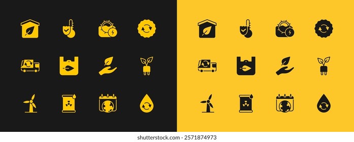 Set Recycle symbol, Radioactive waste in barrel, Leaf hand, World Earth day, Shopping bag with recycle, Water mill, Eco friendly house and Thermometer icon. Vector