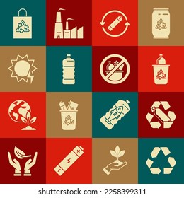 Set Recycle symbol, Recycling plastic bottle, bin with recycle, Battery line, Plastic, Solar energy panel, bag and No trash icon. Vector