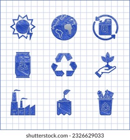 Set Recycle symbol, Sprout in bottle, bin with recycle, Plant hand of environmental protection, Factory, Can can, Bio fuel canister and Solar energy panel icon. Vector