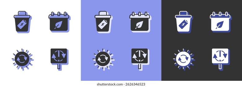 Set Recycle symbol, Trash can, Solar energy panel and Calendar with autumn leaves icon. Vector