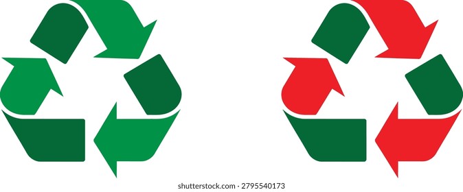 Set of recycle symbol vector illustration designs in green and red colors representing sustainability and eco concepts.