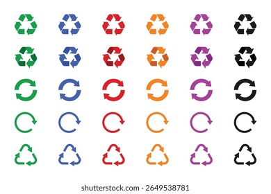 Set of recycle symbols for organic, paper, glass, plastic, mixed and metal waste, recycling waste signs