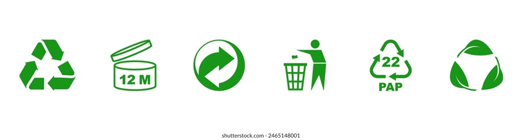 Set of recycle symbols for packaging products. Universal recycling and packing signs. Trash icons. Reuse cycle. Vector eco icons.