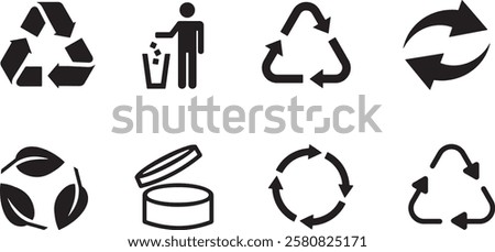 Set of recycle symbols for packaging products. Collection of Packaging care symbols. Universal recycling and packing signs. Trash icons. Reuse cycle. Eco icons vector illustration.