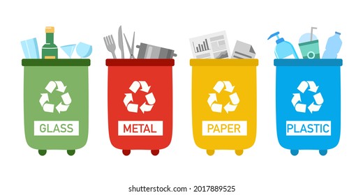 Set of recycle trash can with sorted garbage- glass, metal, paper and plastic in flat design on white background.
