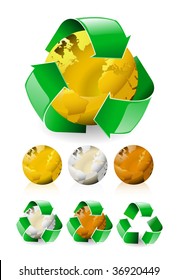 Set of recycle trophy awards, gold, silver and bronze
