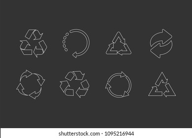 set of recycle vector icons. white recycle icons on black background