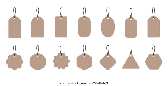 A set of  recycled paper price tags on a white background. Cardboard labels with a thread. Gift tags. Blank shopping labels of different shapes. Paper discount tags. Vector illustration.
