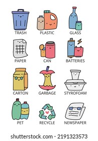 Set of recycling bin labels. Vector. Signs and icons for sorting materials containers and trashes. EPS10.