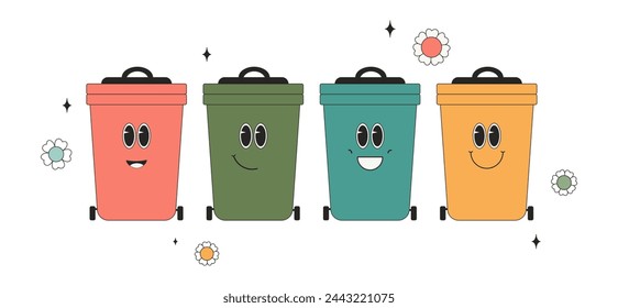 Set of recycling bins in groovy style. Zero waste concept. Cute colorful trash cans in retro 70s. Vector design for card, poster, sticker, banner, t-shirt, scrapbooking.