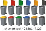 Set of Recycling Bins or Trash Cans with Open and Closed Colorful Lids