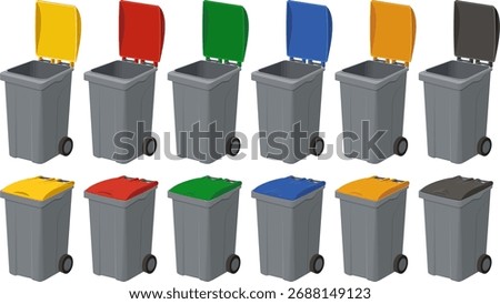 Set of Recycling Bins or Trash Cans with Open and Closed Colorful Lids