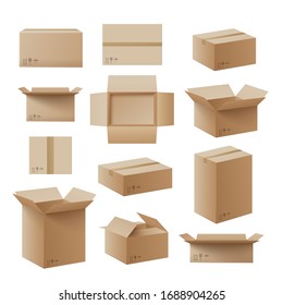 Набор переработанных картонных коричневых коробок для доставки или упаковки почтовых посылок, реалистичная векторная иллюстрация, изолированная на белом фоне. Почтовые контейнеры различной формы.