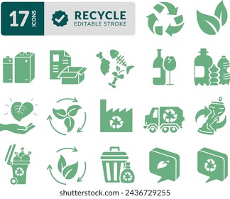 SET OF RECYCLING EDITABLE SILHOUETTE ICONS. ELEMENTS TO ILLUSTRATE WITH SYMBOLS OF BOTTLES, ORGANIC, PLASTIC, METAL, PAPER, GLASS, WASTE, BATTERY, PRODUCTION PROCESS AND OTHERS. PERFECT PIXEL