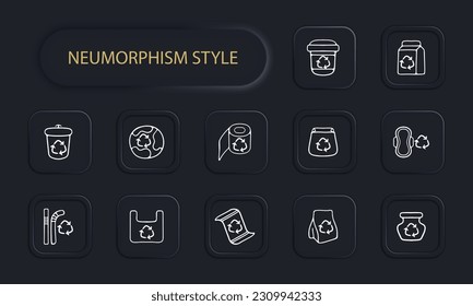 Set of recycling icons. Eco-friendly waste management symbols, recycling bins, sustainable practices. Green lifestyle concept. Neomorphism style. Vector line icon for Business