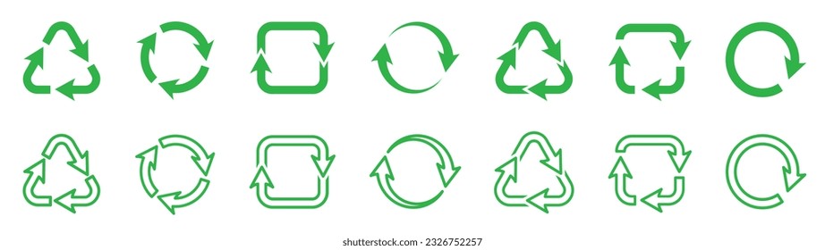 Set of recycling icons. Recycle, arrow, triangle, circle, square. Ecology icons collection, recycling garbage. Vector.
