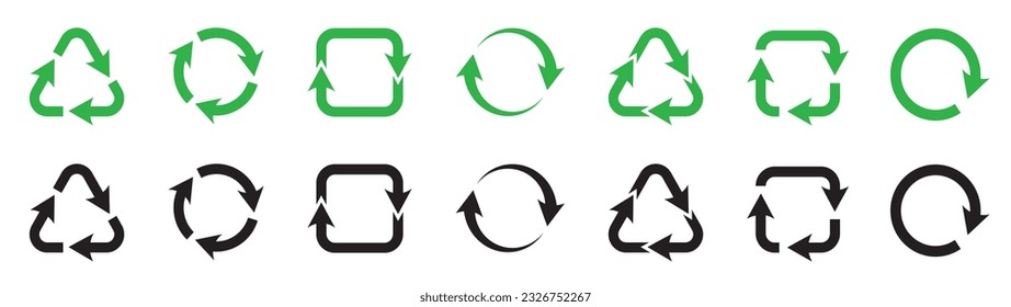 Set of recycling icons. Recycle, arrow, triangle, circle, square. Ecology icons collection, recycling garbage. Vector.