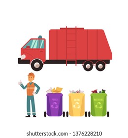 Set of recycling icons with trash bins, worker in uniform and garbage truck in flat style, isolated vector illustration on white background.