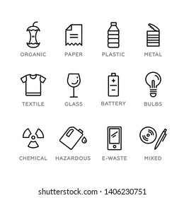Set of recycling icons. Vector illustration, flat design, white isolated. Organic, paper, plastic, metal, textile, glass, battery, bulbs, chemical, hazardous, e-waste, mixed. 