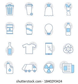 Set of recycling icons. Vector illustration, flat design. Organic, paper, plastic, metal, textile, glass, battery, bulbs, chemical, hazardous, e-waste, mixed. Web design, mobile app.