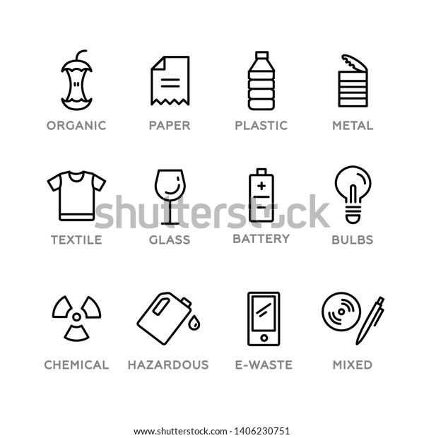 Set of\
recycling icons. Vector illustration, flat design, white isolated.\
Organic, paper, plastic, metal, textile, glass, battery, bulbs,\
chemical, hazardous, e-waste, mixed.\
