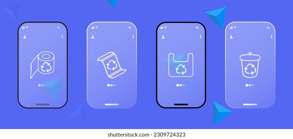 Set of recycling icons. Waste management symbols, eco-friendly concepts, recycling bins, reduce, reuse. Recycle concept. Glassmorphism. UI phone app screen. Vector line icon for Business