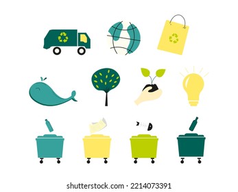 Set of recycling items included garbage truck, paper bag, tree, plant, bulb, trash cans, whale as ocean dweller.