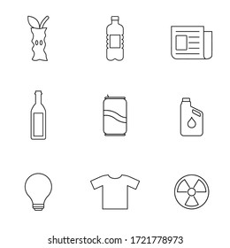 Set of recycling line icons. Vector illustration on a white background. Organic, paper, plastic, metal, textile, glass, bulbs, hazardous.