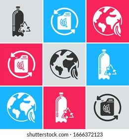 Set Recycling plastic bottle, Bio fuel canister and Earth globe and leaf icon. Vector