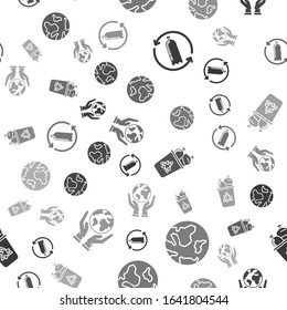 Set Recycling plastic bottle, Earth globe, Recycle bin with recycle symbol and Human hands holding Earth globe on seamless pattern. Vector