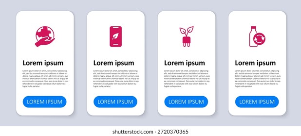 Conjunto Reciclaje de botellas de plástico, hoja de enchufe de ahorro eléctrico, teléfono móvil con mano y sostenimiento del globo terráqueo. Plantilla de infografía de negocios. Vector