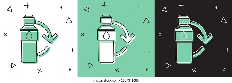 Coloque el icono de la botella de plástico de reciclaje aislado sobre fondo blanco y verde y negro. Ilustración vectorial