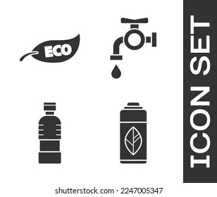Set Recycling Plastikflasche, Leaf Eco Symbol, Flasche Wasser und Wasserhahn Symbol. Vektorgrafik
