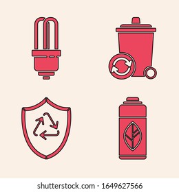 Set Recycling plastic bottle, LED light bulb, Recycle bin with recycle symbol and Recycle symbol inside shield icon. Vector