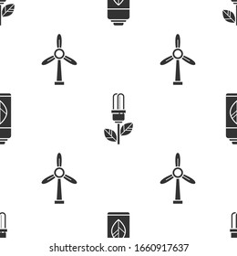 Set Recycling Plastikflasche, Glühbirne mit Blatt und Windturbine auf nahtlose Muster. Vektorillustration
