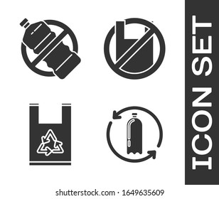 Set Recycling plastic bottle, No plastic bottle, Plastic bag with recycle and Say no to plastic bags poster icon. Vector