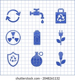 Set Recycling plastic bottle, Planet earth and recycling, Light bulb with leaf, Electric saving plug, Recycle symbol inside shield, Radioactive, Paper shopping bag recycle and Refresh icon. Vector