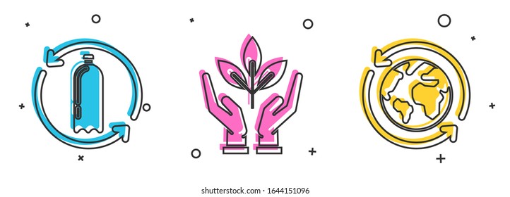 Set Recycling plastic bottle, Plant in hand of environmental protection and Planet earth and a recycling icon. Vector