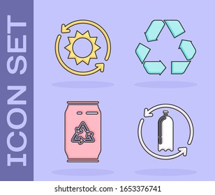 Ajuste Frasco de plástico de reciclaje, Panel de energía solar, Ca con símbolo de reciclaje y icono de símbolo de lata y reciclaje. Vector