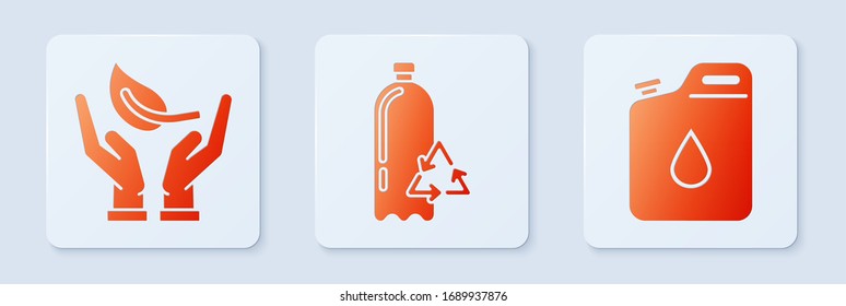 Set Recycling plastic bottle, Sprout in hand of environmental protection and Canister for gasoline. White square button. Vector