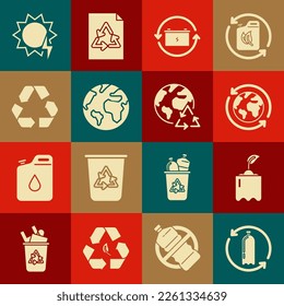 Set Recycling plastic bottle, Sprout, Planet earth and recycling, Battery with recycle symbol, Earth globe, Recycle, Solar energy panel and  icon. Vector