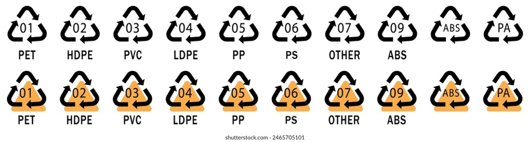 Set of recycling plastics mark icon. Zero waste with editable stroke. Ecological recycling codes. Vector illustration.