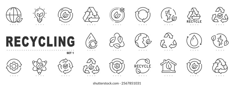 Set of recycling related line icons. Eco, save, reduce, reuse etc. Editable stroke.