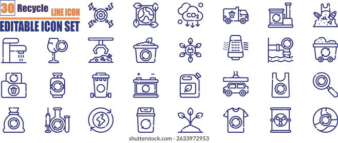 Set of recycling related line icons. environment, ecology, green energy, zero waste, CO2 neutral, air, water quality, nature and more. Editable stroke. Vector illustration.