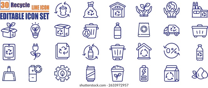 Set of recycling related line icons. environment, ecology, green energy, zero waste, CO2 neutral, air, water quality, nature and more. Editable stroke. Vector illustration.